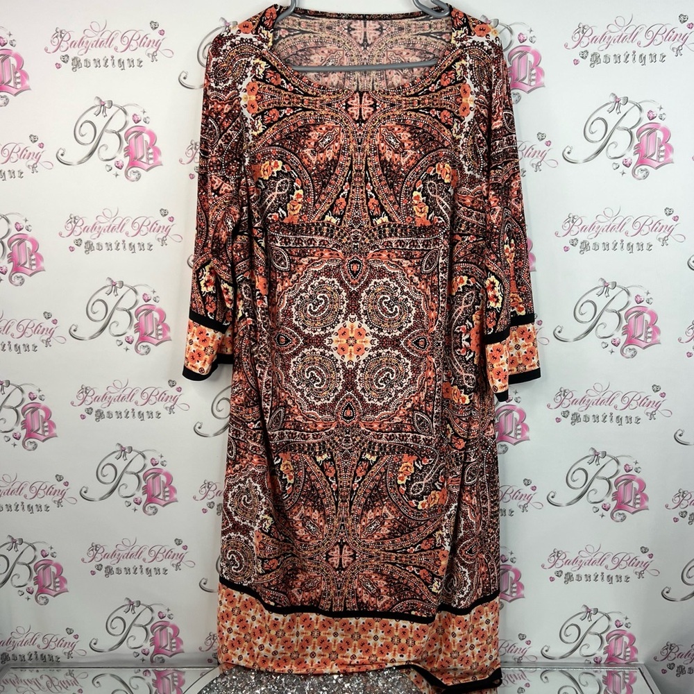 Dress long sleeve flowy paisley orange black yellow Bohemian Paisley Dress